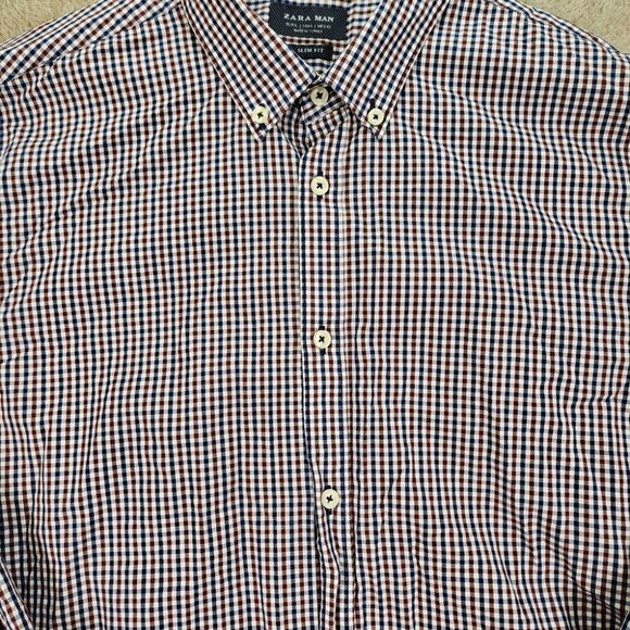 Zara Man Shirt Slim Fit Plaid Button-Down Long Sleeve w/ Elbow Patches Mens Sz L - Picture 9 of 10